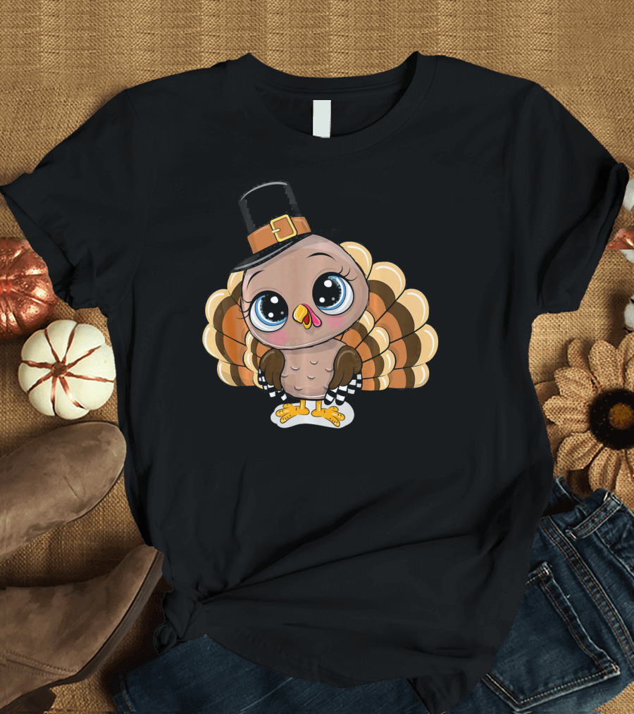 Thanksgiving Turkey with Cute Pilgrim Hat T-Shirt