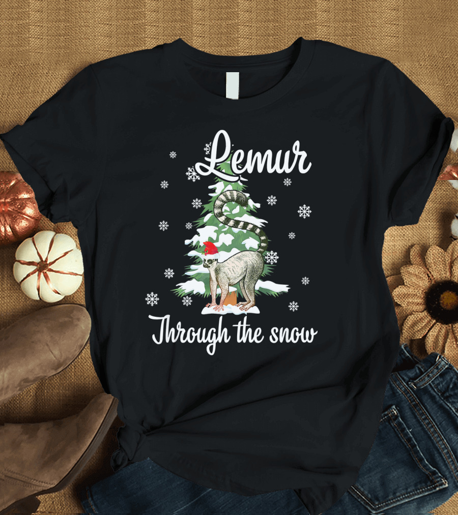 Lemur Through The Snow Santa Hat Christmas Tree Snowflakes T-Shirt