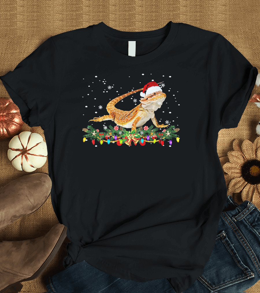 Funny Santa Bearded Dragon with Christmas Lights and Snowflakes T-Shirt