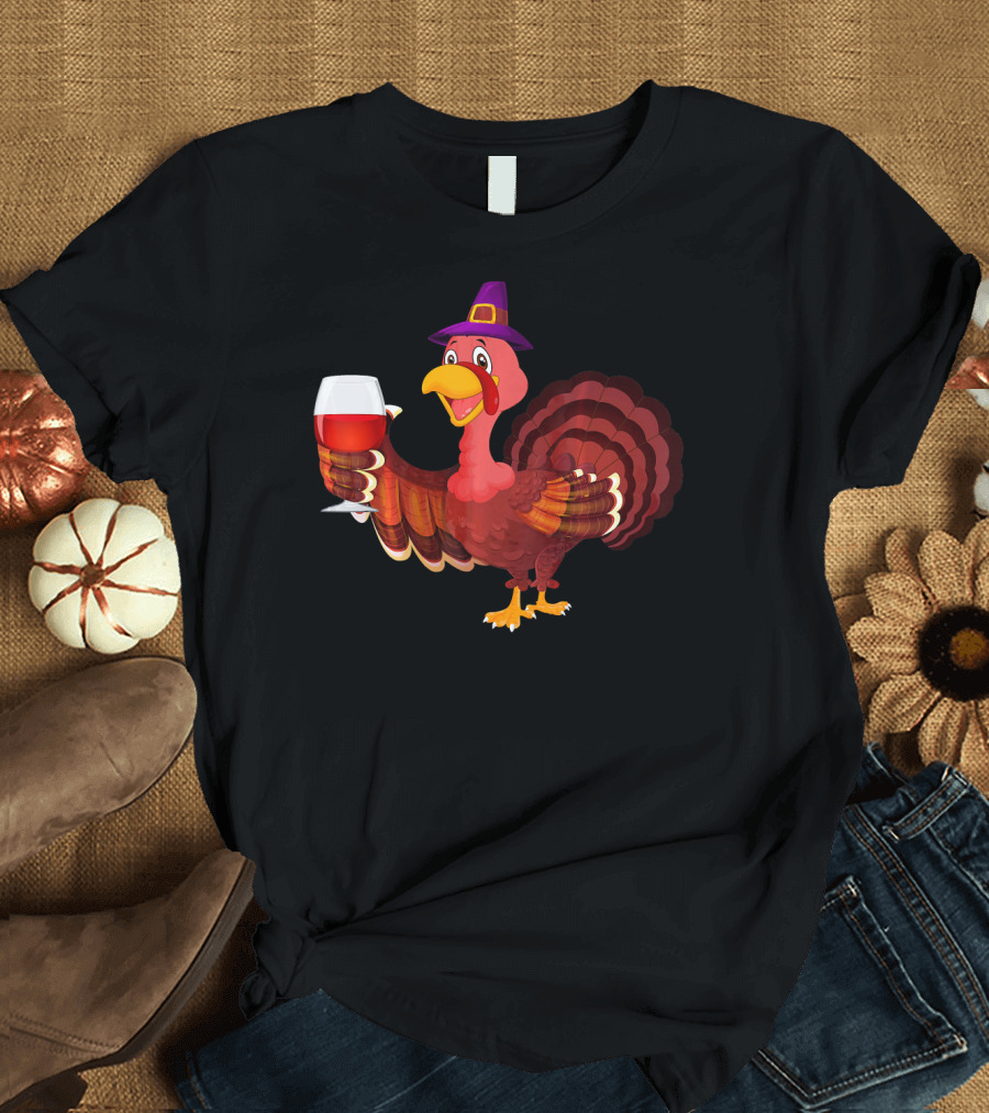 Funny Thanksgiving Turkey with Wine Glass and Pilgrim Hat T-Shirt
