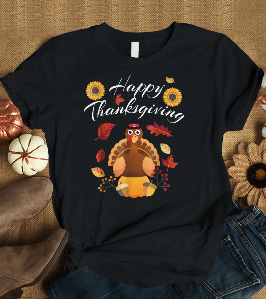 Happy Thanksgiving Funny Turkey Pumpkin with Leaves and Sunflowers T-Shirt
