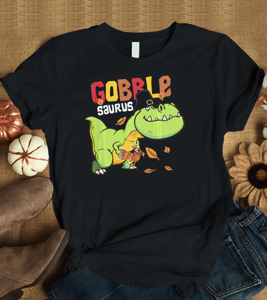 Gobble Saurus Dinosaur Turkey Pilgrim Hat Fall Leaves T-Shirt
