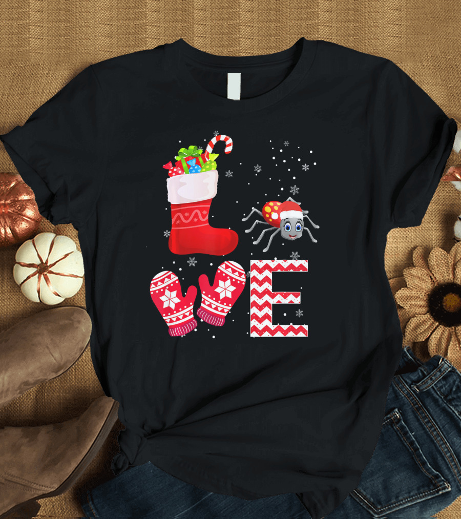 Funny Christmas Tarantula Lover Stocking Mittens Snowflakes T-Shirt