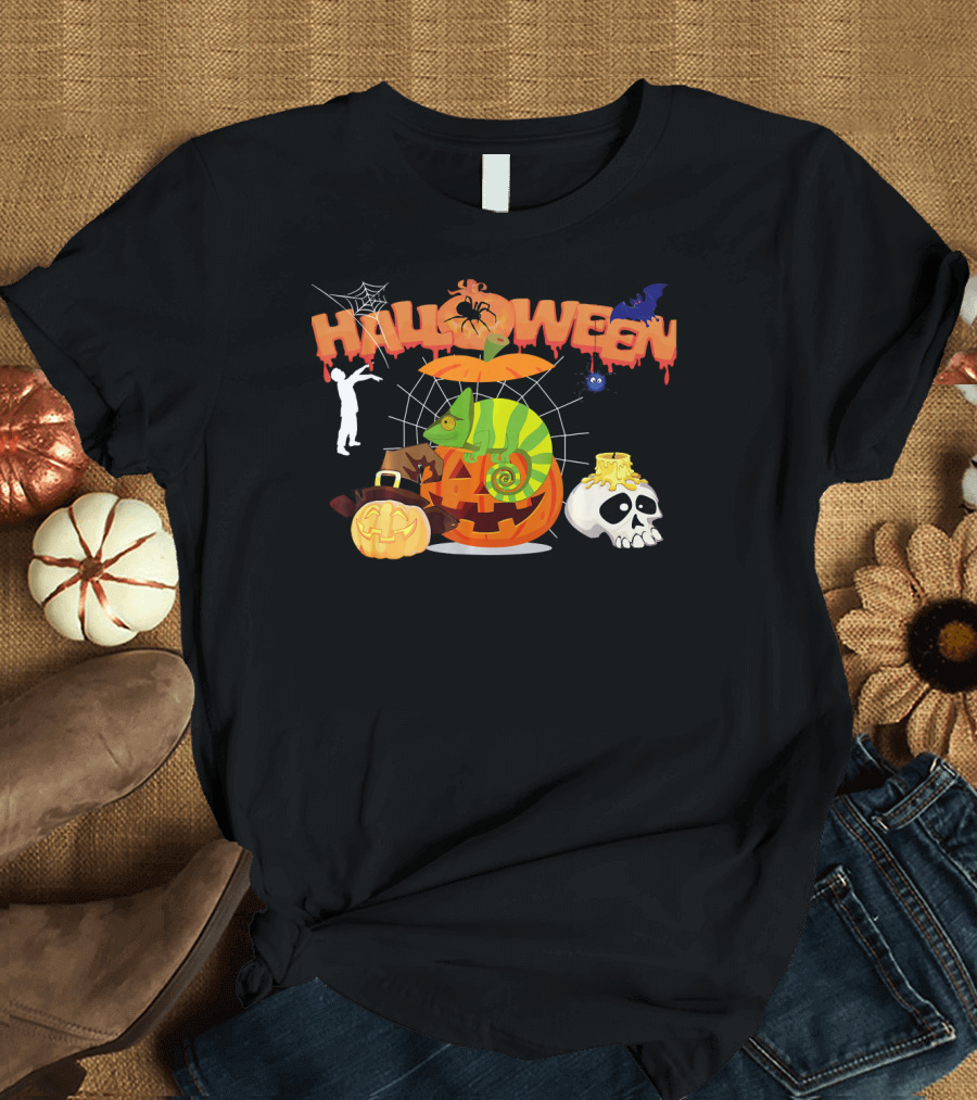 Halloween Chameleon Pumpkin Witch Zombie Skull Spiderweb T-Shirt