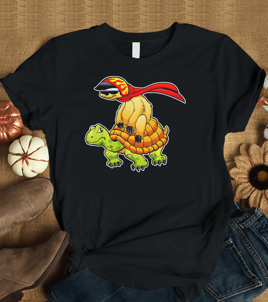 Funny Sloth Riding Turtle with Red Cape and Shades T-Shirt