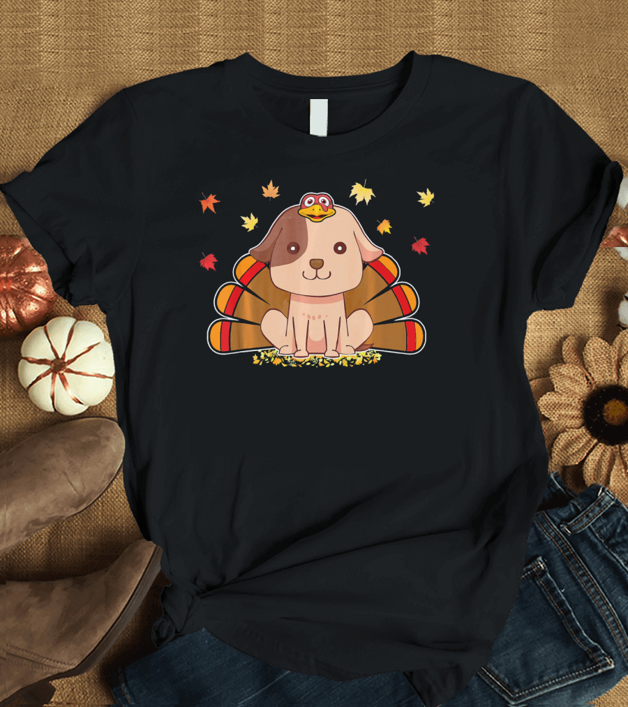 Thanksgiving Dog in Turkey Costume Surrounded by Autumn Leaves T-Shirt