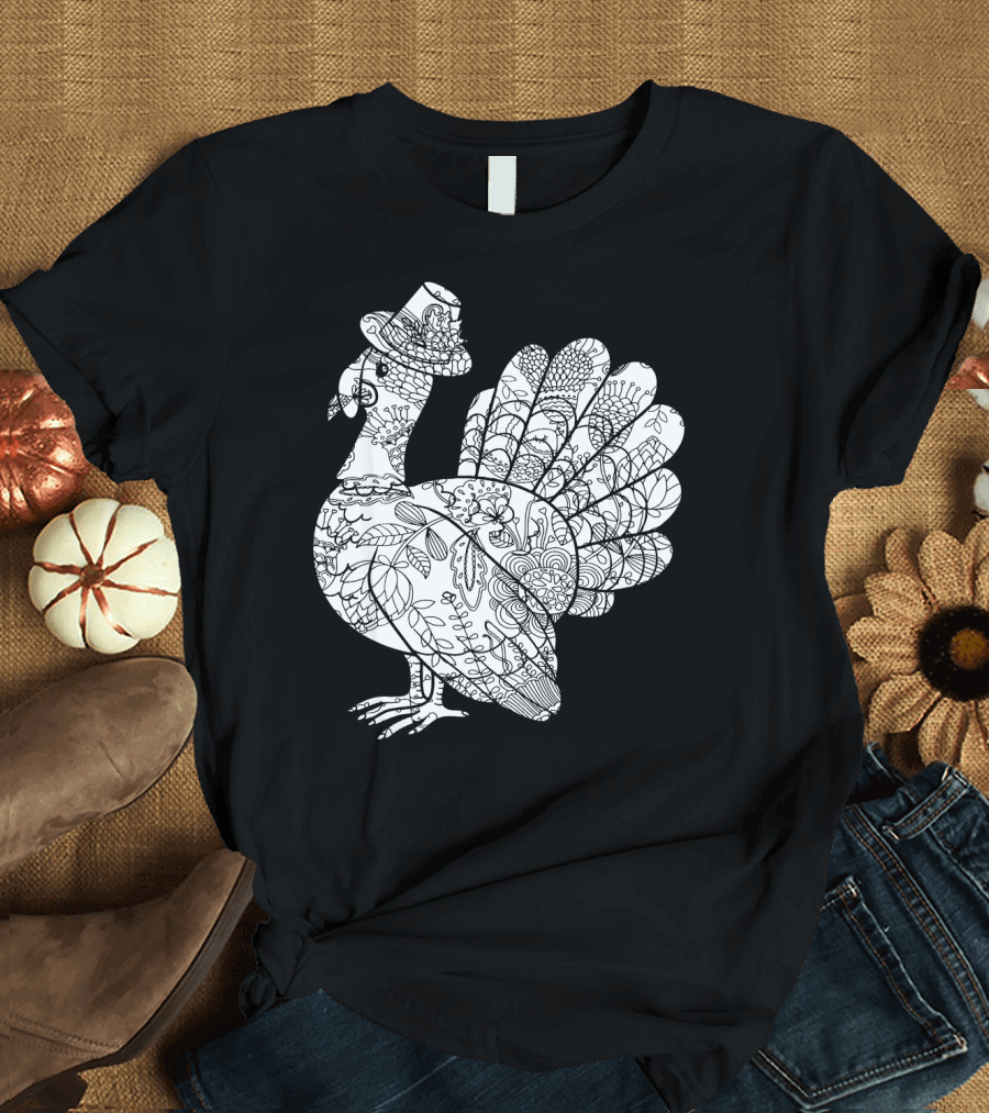 Floral Patterned Turkey with Top Hat T-Shirt