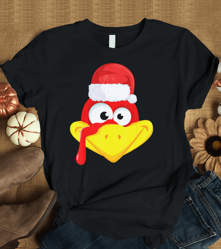 Funny Turkey Face Cute Santa Hat T-Shirt