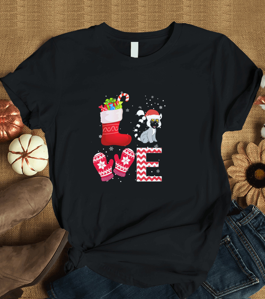 Funny Christmas Lemur Lover Lemur Love Stocking Mittens Snowflakes T-Shirt