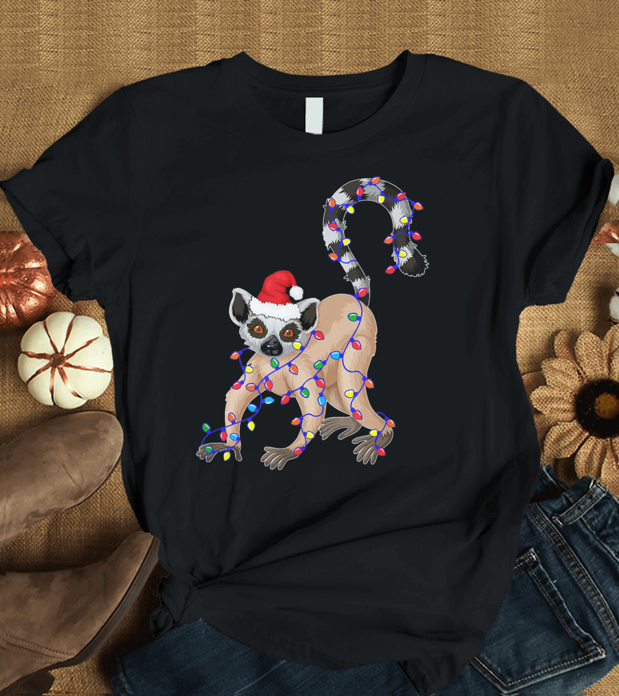Lemur Wrapped in Christmas Lights with Santa Hat T-Shirt