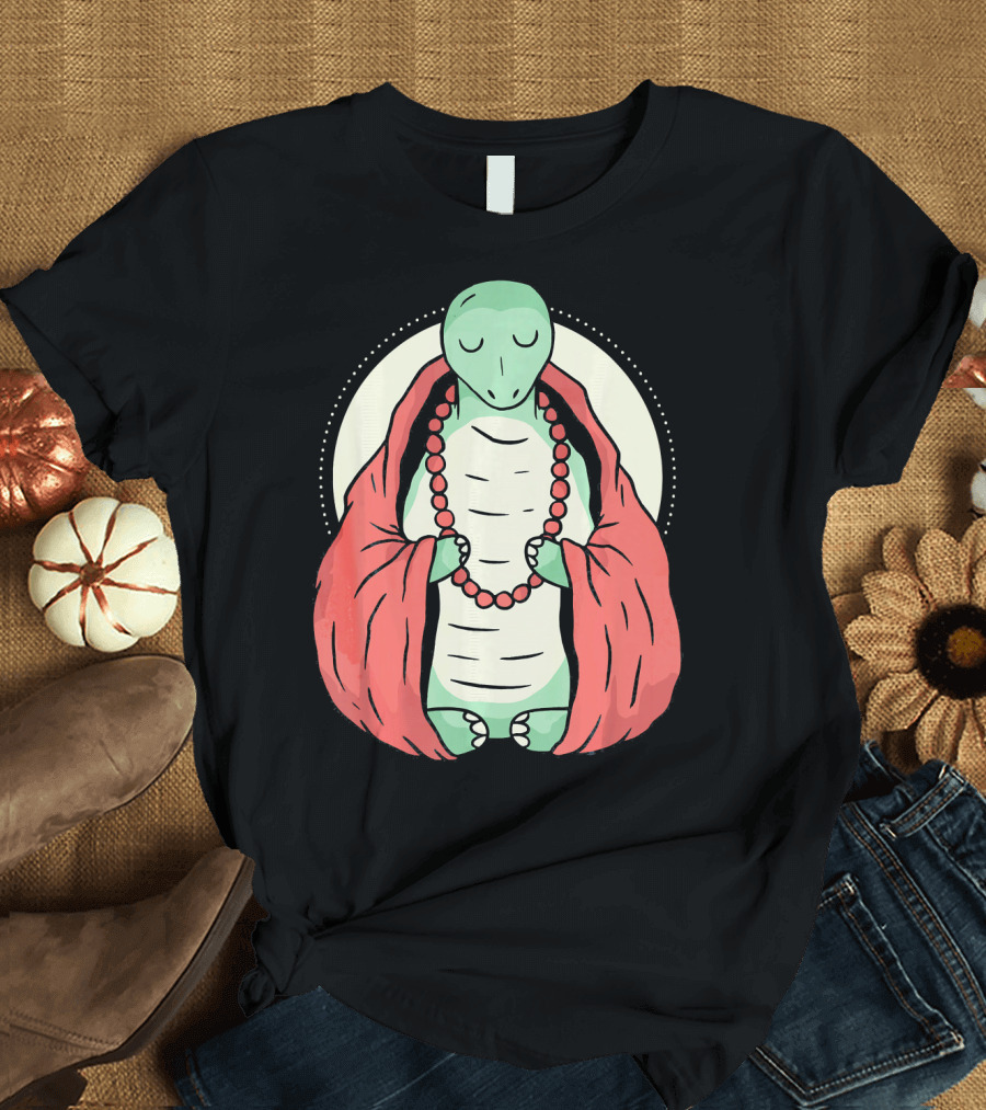 Meditating Turtle Tortoise with Red Robe and Beads in Peaceful Pose T-Shirt