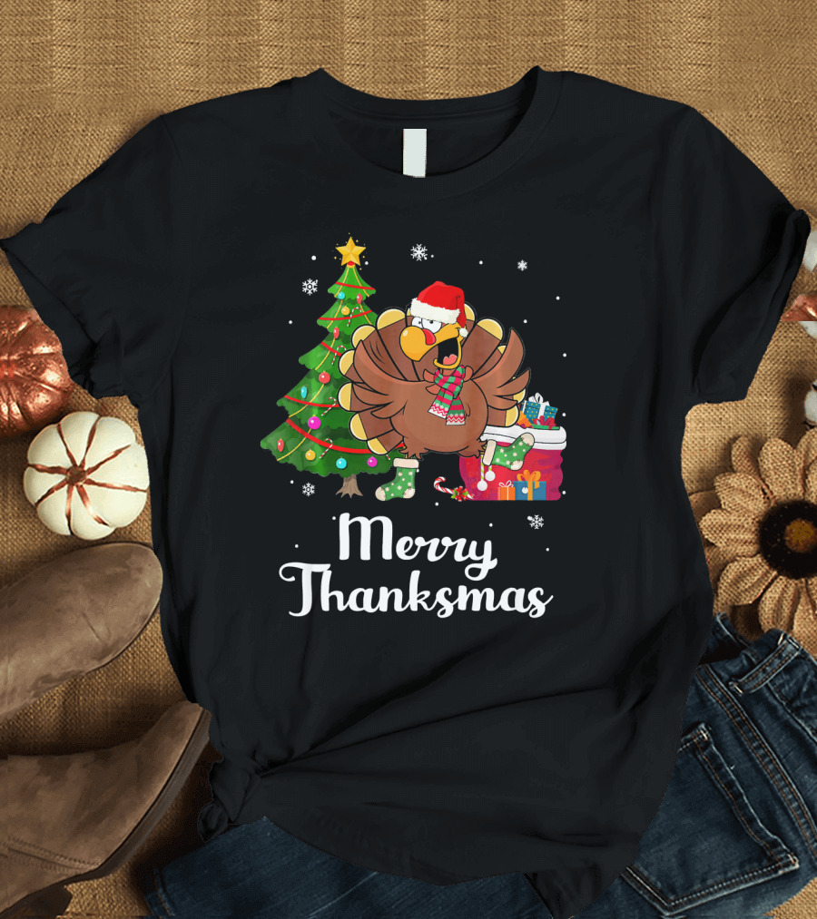 Merry Thanksmas Turkey with Santa Hat and Christmas Tree T-Shirt