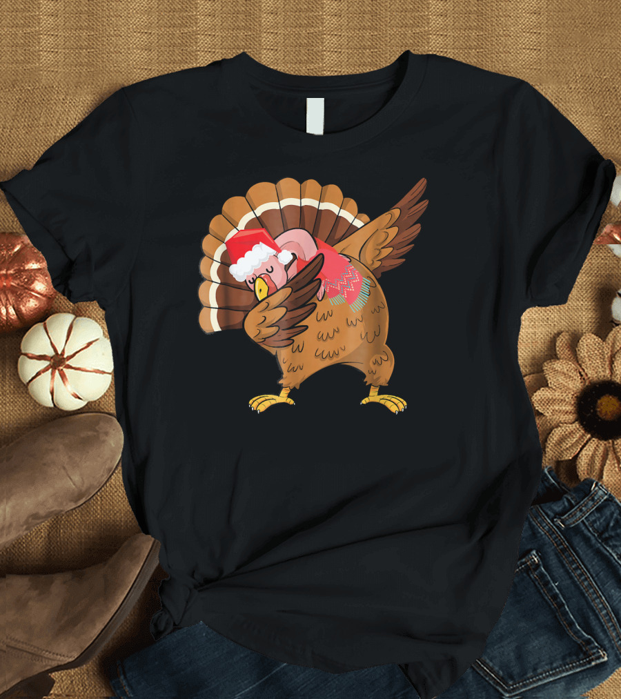 Kids Funny Dabbing Turkey Holiday Santa Hat T-Shirt