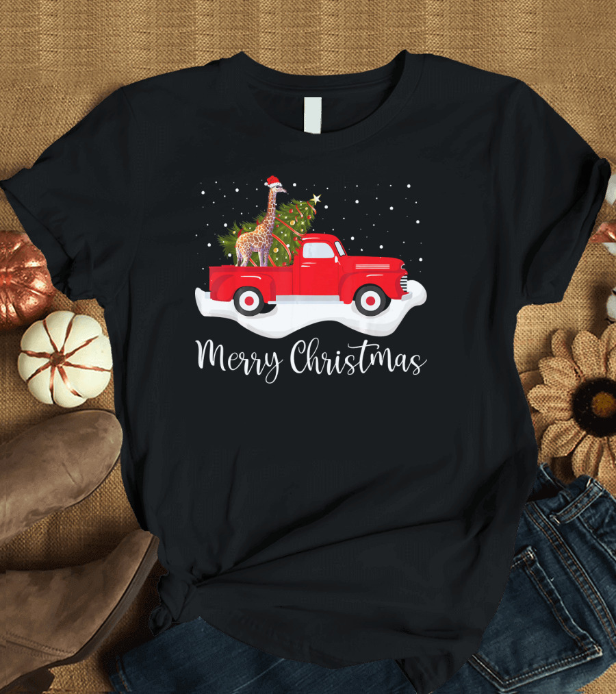 Merry Christmas Red Truck with Giraffe and Christmas Tree T-Shirt