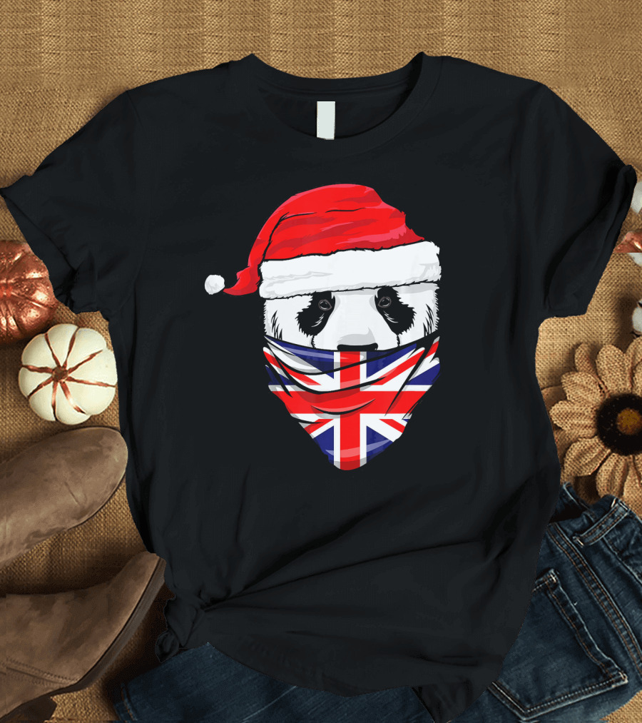 Panda in Santa's Hat with Union Jack Great Britain Flag Bandana T-Shirt