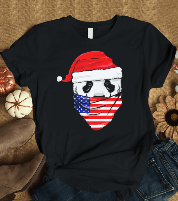 T-Shirt: Panda Wearing Santa Hat and American Flag Bandana T-Shirt Panda Wearing Santa Hat and American Flag Bandana T-Shirt