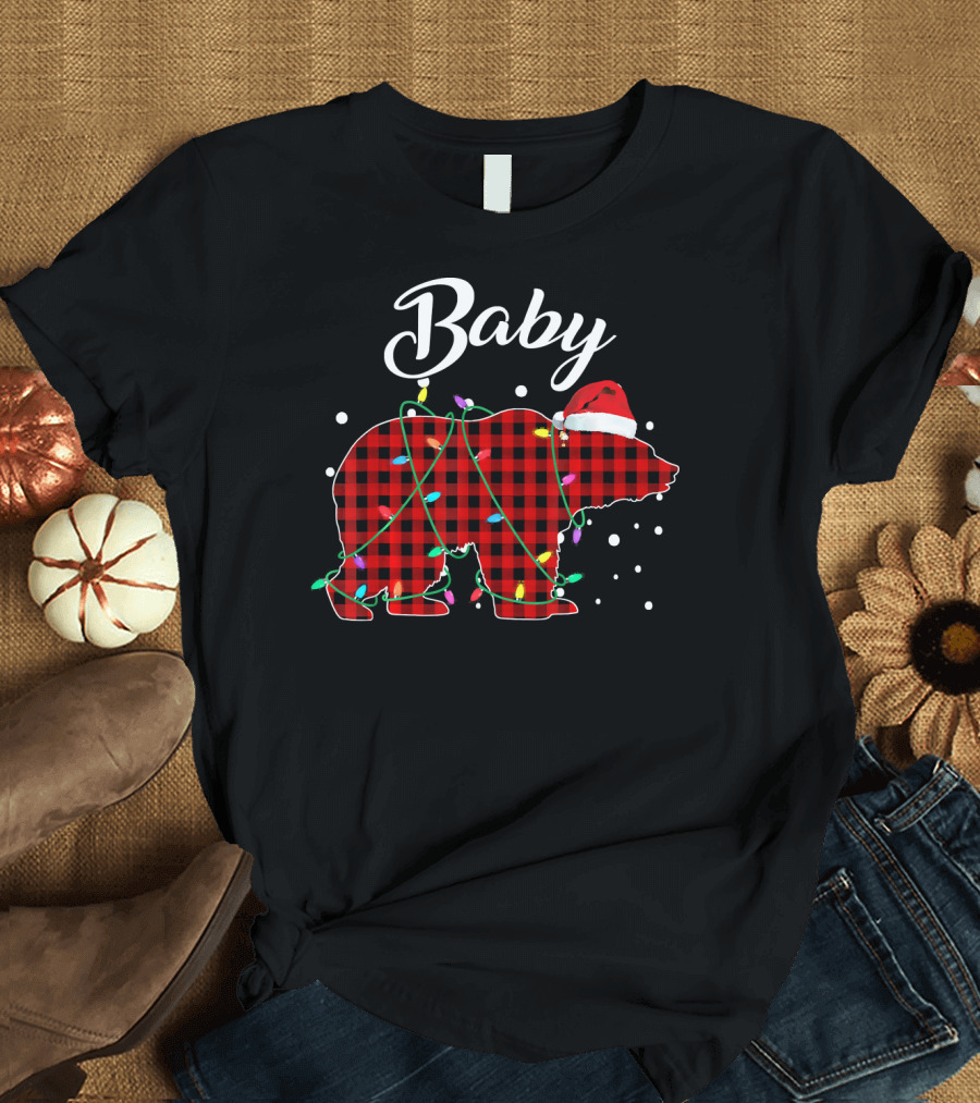 Baby Red Plaid Bear with Christmas Lights and Santa Hat Buffalo Paj T-Shirt