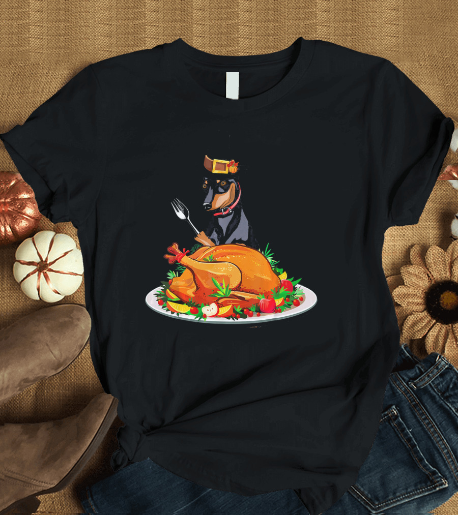 Miniature Pinscher Thanksgiving Turkey Feast with Pilgrim Hat T-Shirt
