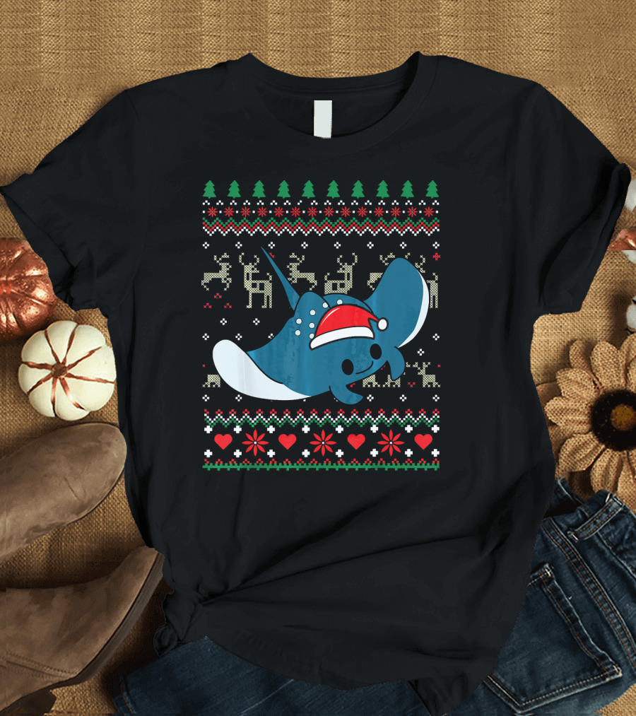 Manta Ray Christmas Ornament Ugly Sweater Pattern with Santa Hat and Reindeer T-Shirt