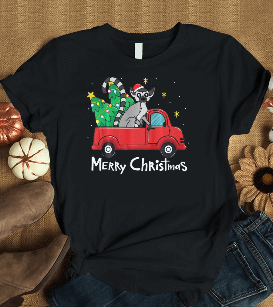 Merry Christmas Lemur Santa Hat with Ornament Tree Truck T-Shirt