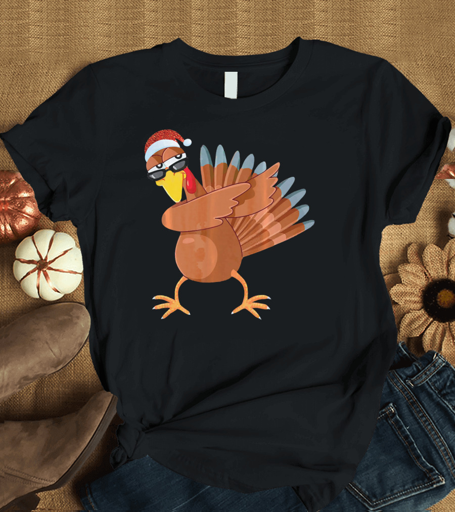 Merry Christmas Dabbing Turkey with Santa Hat and Glasses T-Shirt