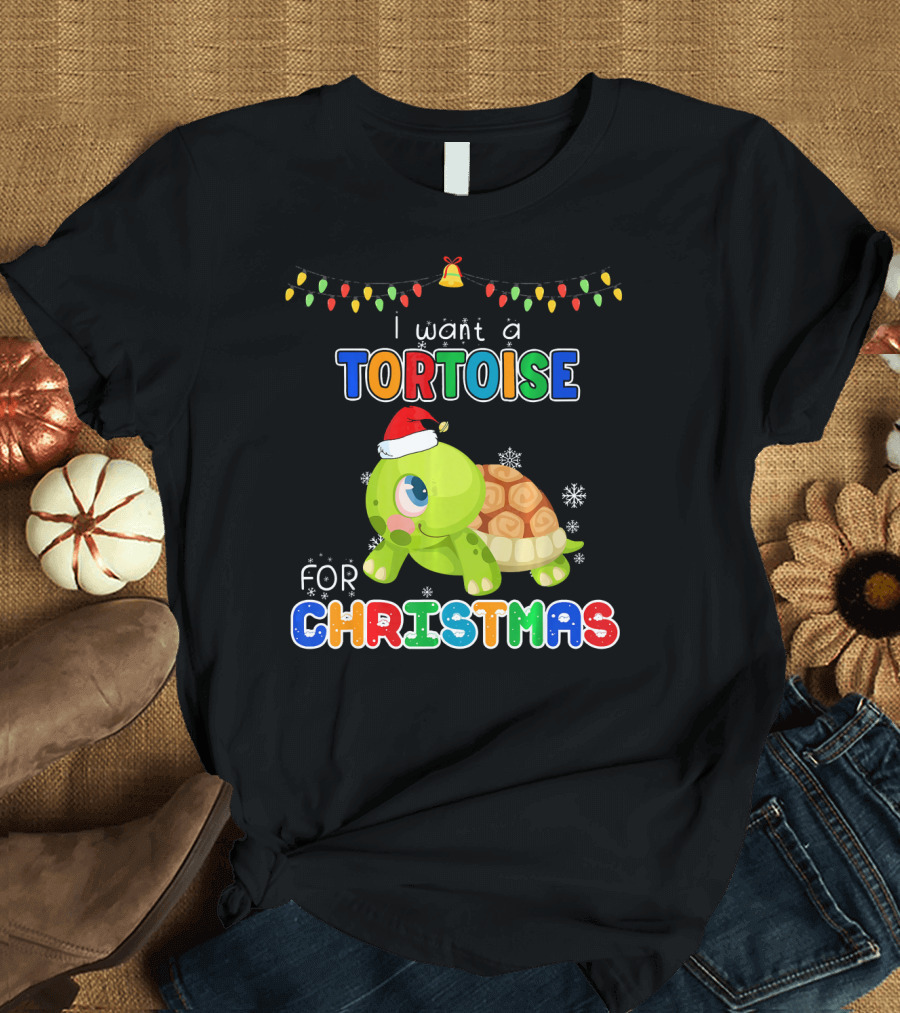 I Want A Tortoise For Christmas Snowflakes Santa Hat Holiday Lights T-Shirt
