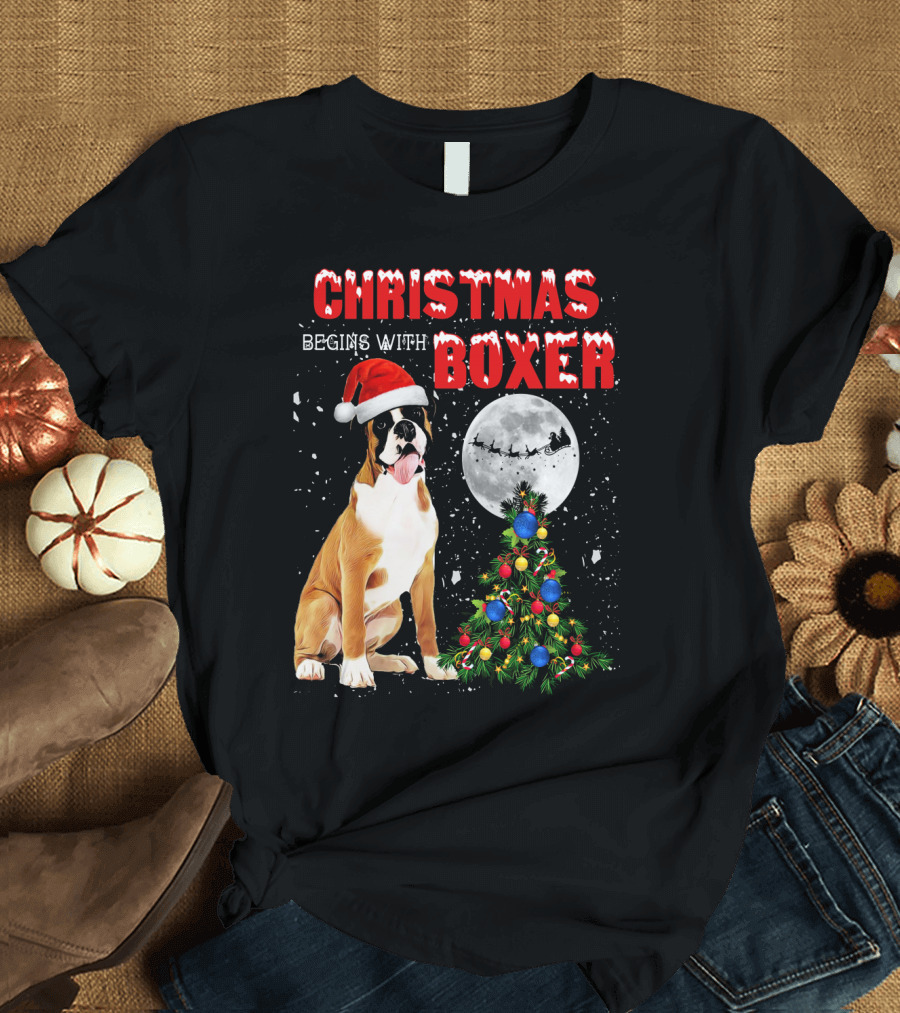 Christmas Begins with Boxer Santa Hat Full Moon Holiday Tree T-Shirt