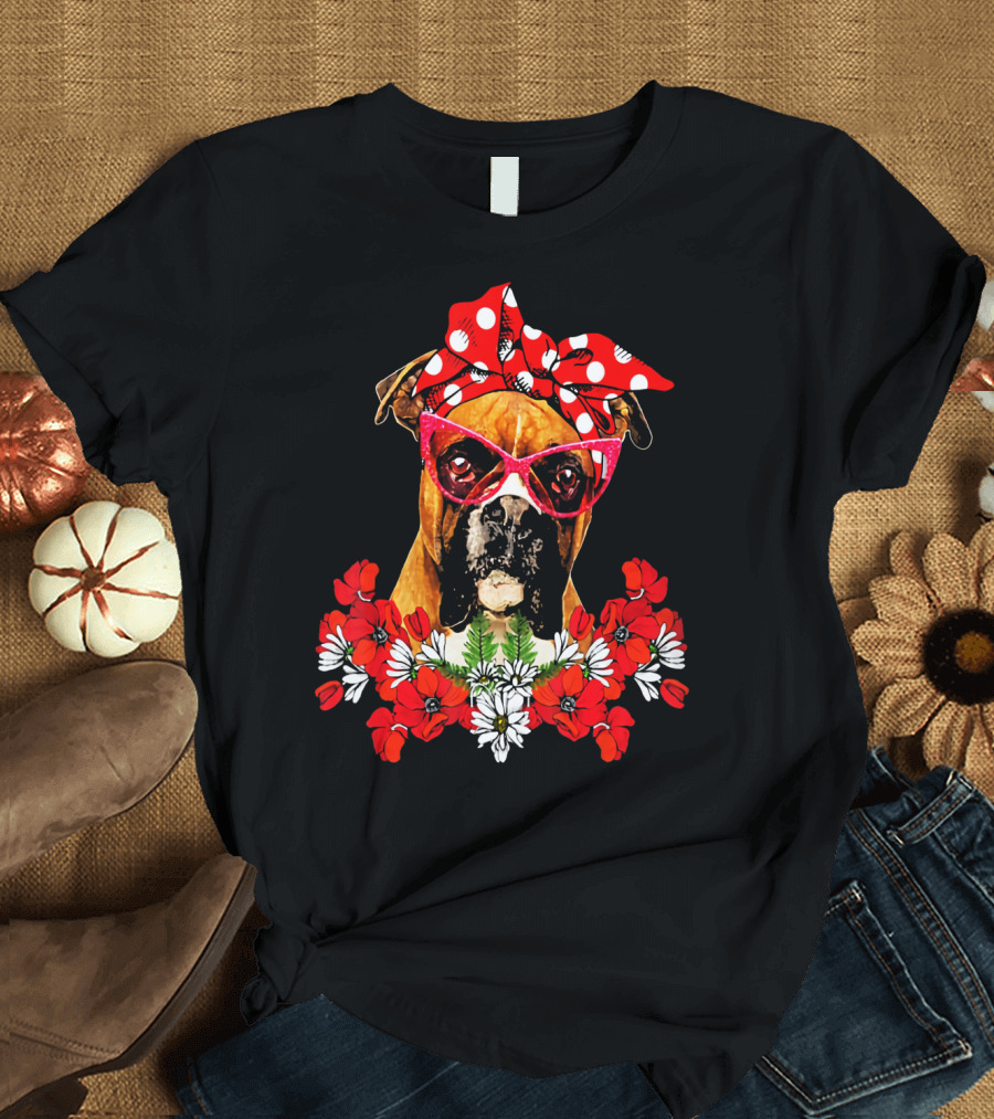 Boxer Dog Mom Red Glasses Polka Dot Scarf Mixed Flowers T-Shirt
