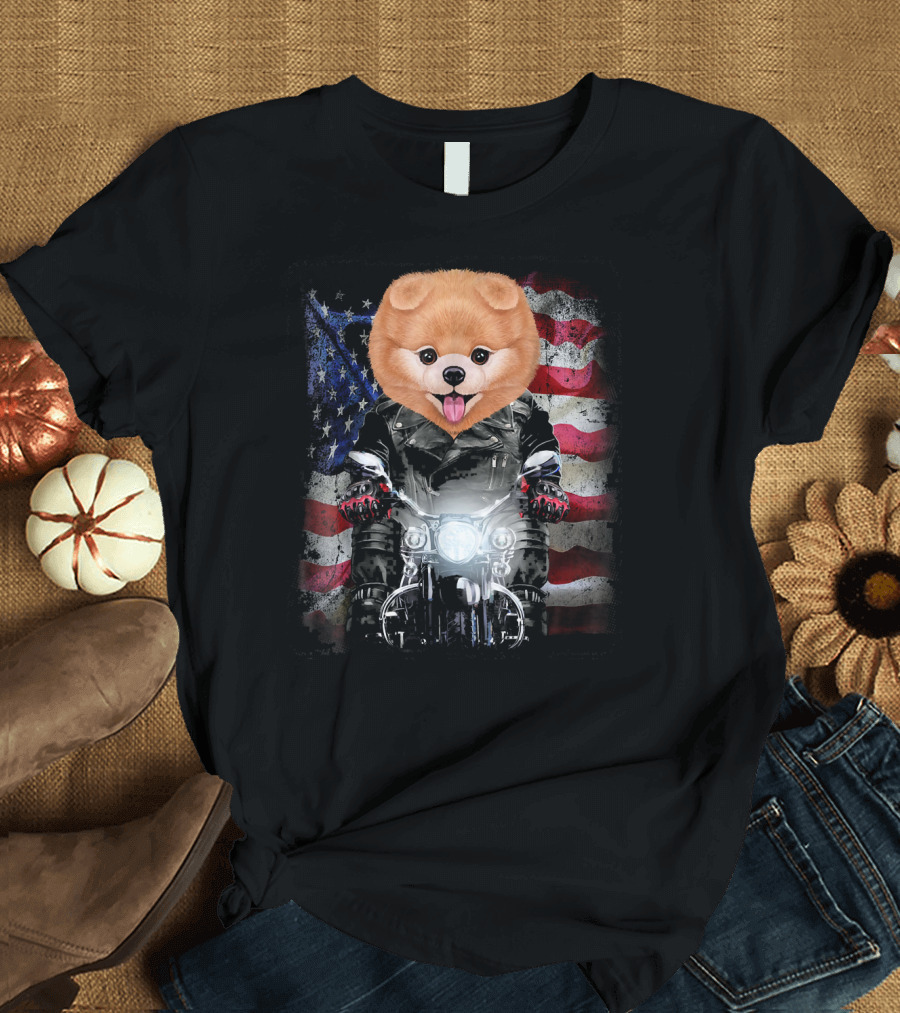 Pomeranian Dog Biker in Leather Jacket with American Flag Background T-Shirt