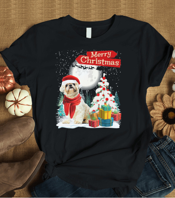 T-Shirt: Merry Christmas Shih Tzu Dog with Santa Hat and Presents T-Shirt Merry Christmas Shih Tzu Dog with Santa Hat and Presents T-Shirt