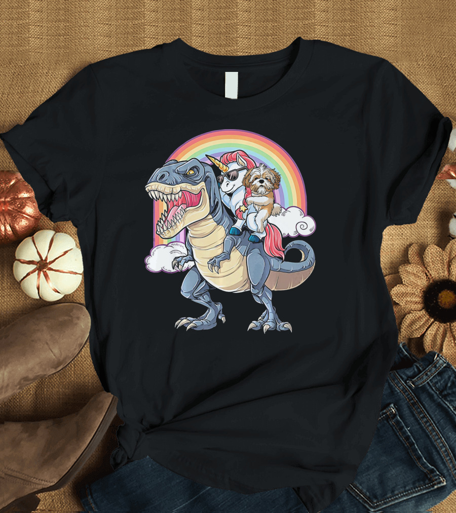 Shih Tzu and Unicorn Ride T-Rex Like Boss Rainbow Clouds T-Shirt