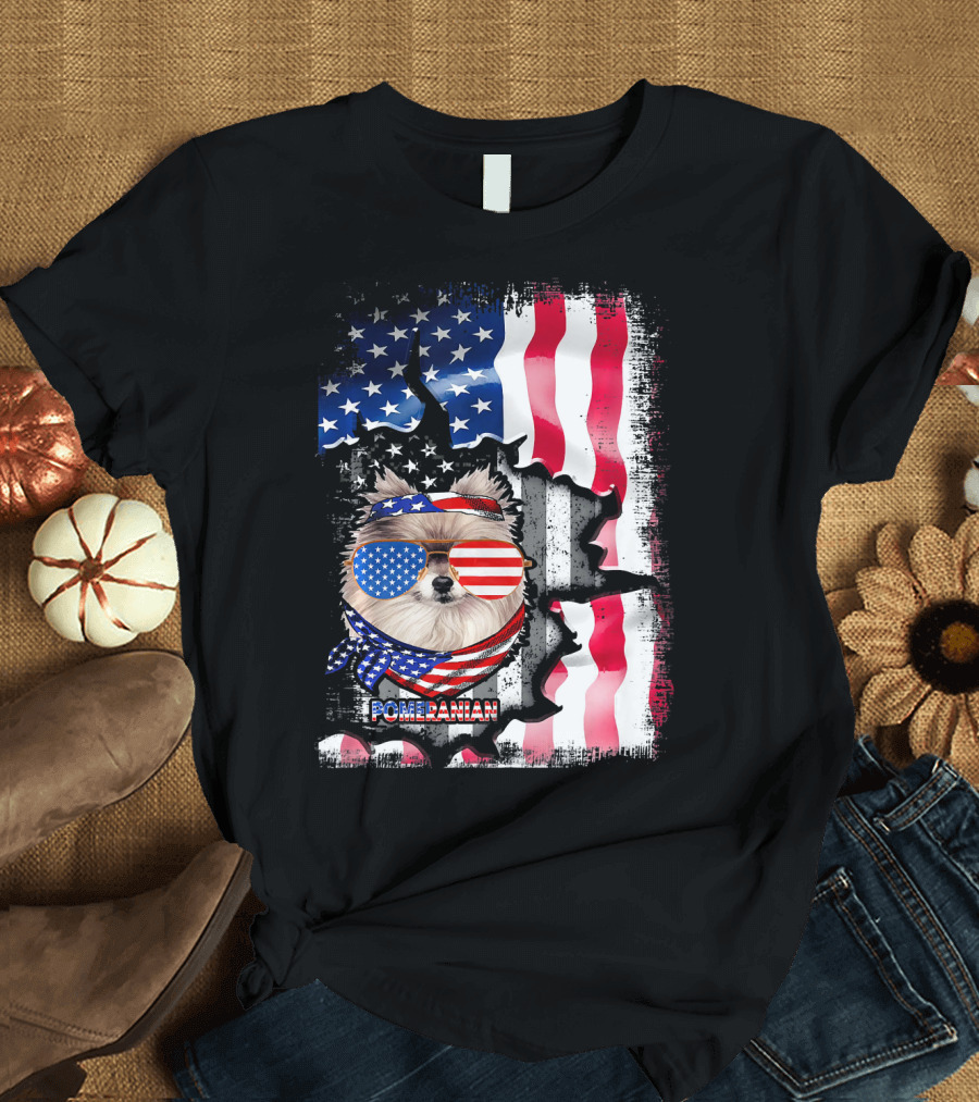 Pomeranian Dog in American Flag Bandana and Sunglasses with Stars and Stripes Background T-Shirt