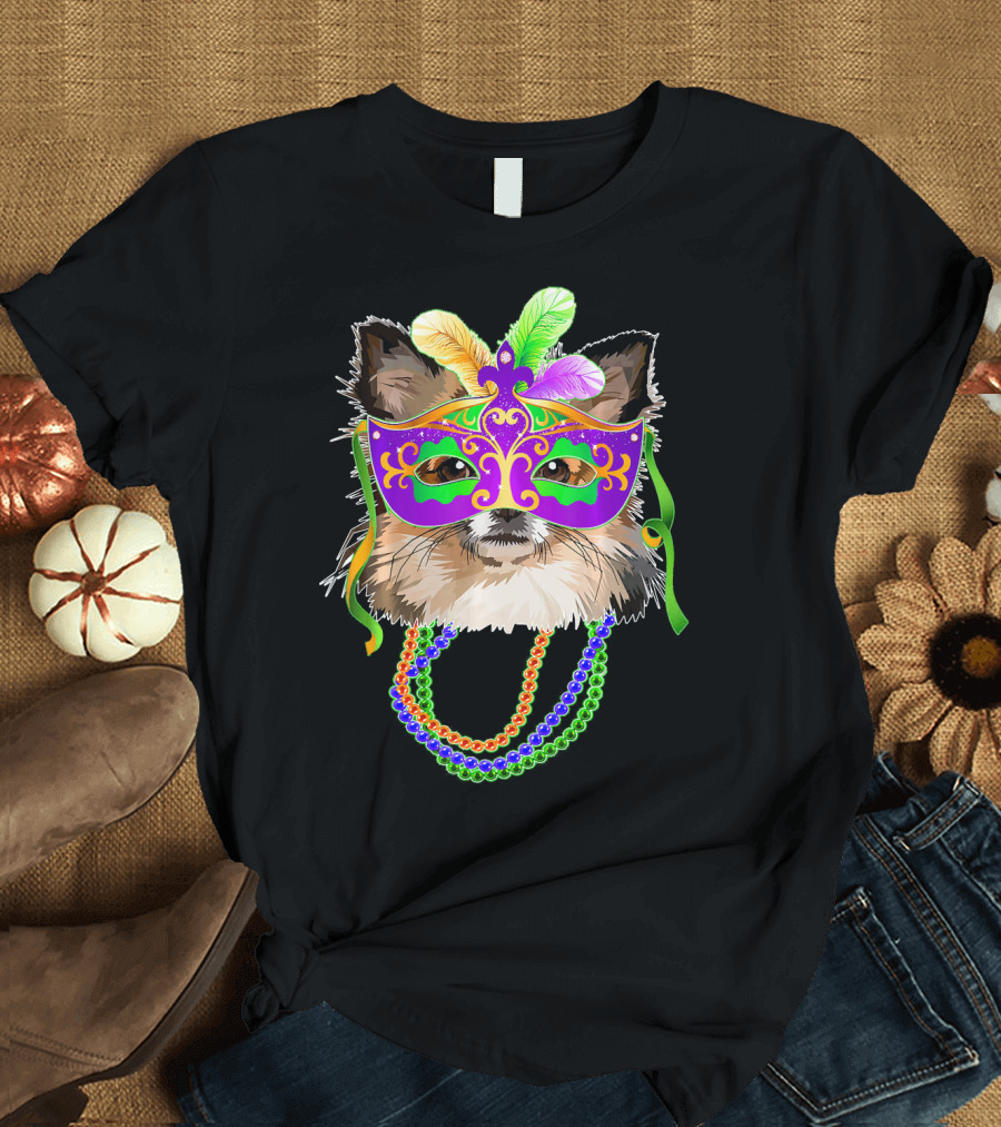 Mardi Gras Pomeranian Mask and Beads T-Shirt