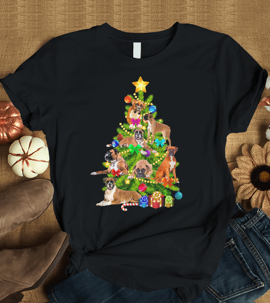 Boxer Dogs Christmas Tree with Star and Gifts T-Shirt
