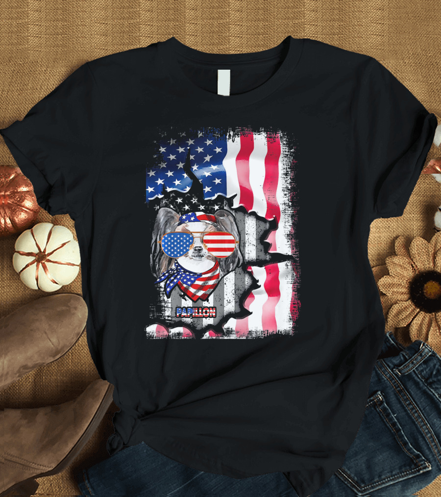 Papillon Dog Lover Fun American USA Flag Sunglasses and Scarf T-Shirt