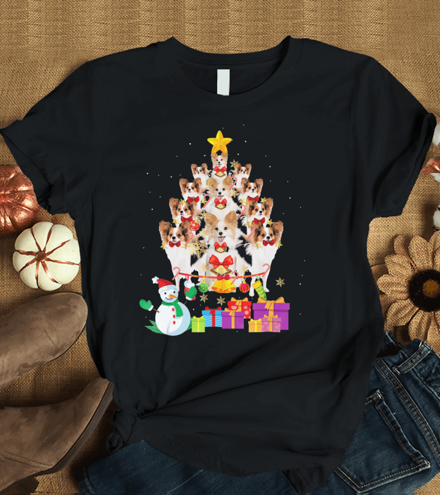 Christmas Papillon Dog Tree with Gifts and Snowman T-Shirt