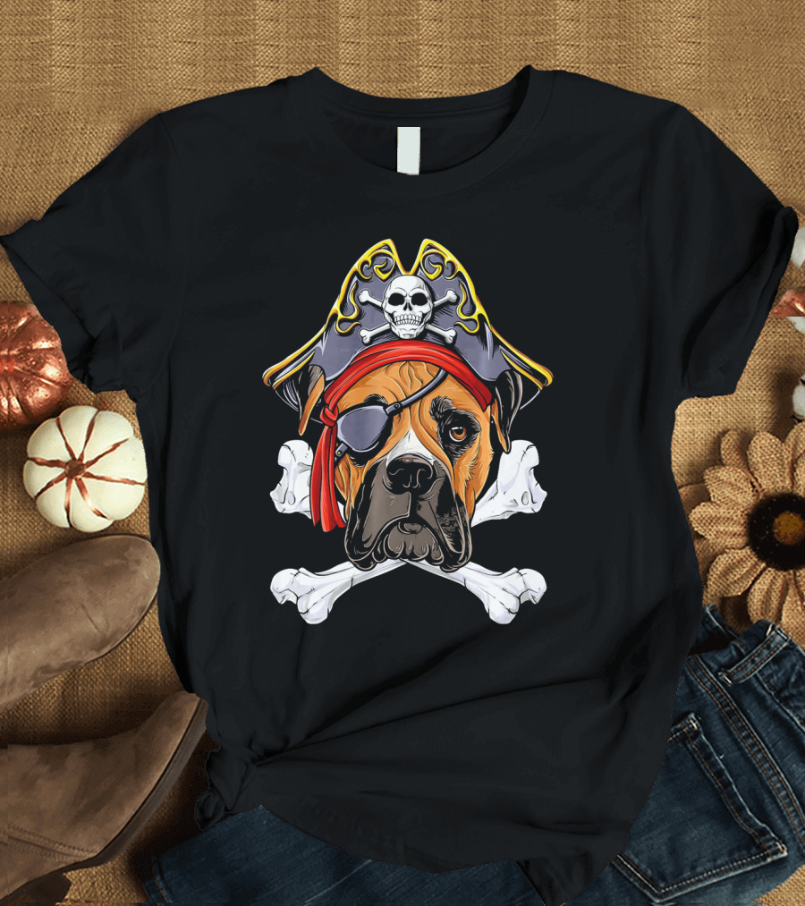 Boxer Dog Pirate Jolly Roger Skull and Crossbones T-Shirt