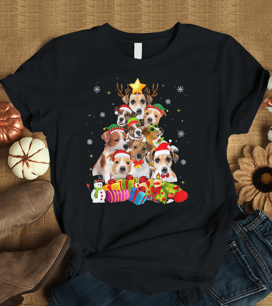 Funny Jack Russell Terrier Christmas Tree with Santa Hats and Gifts T-Shirt