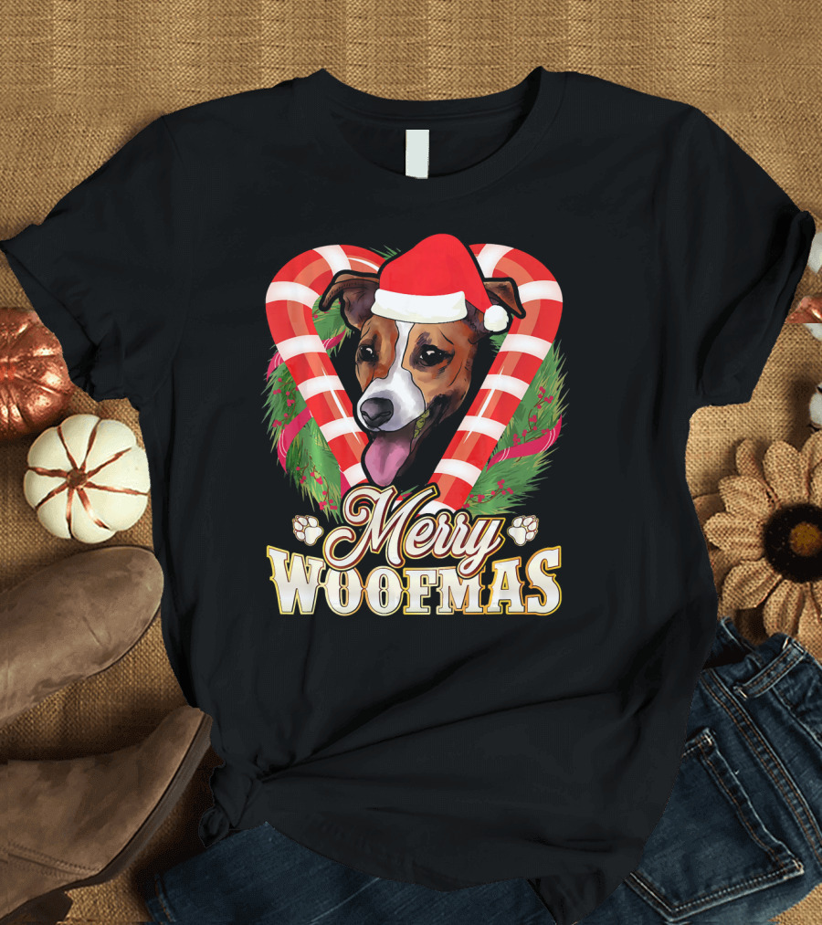 Merry Woofmas Jack Russell Terrier Santa Hat Candy Cane Wreath T-Shirt
