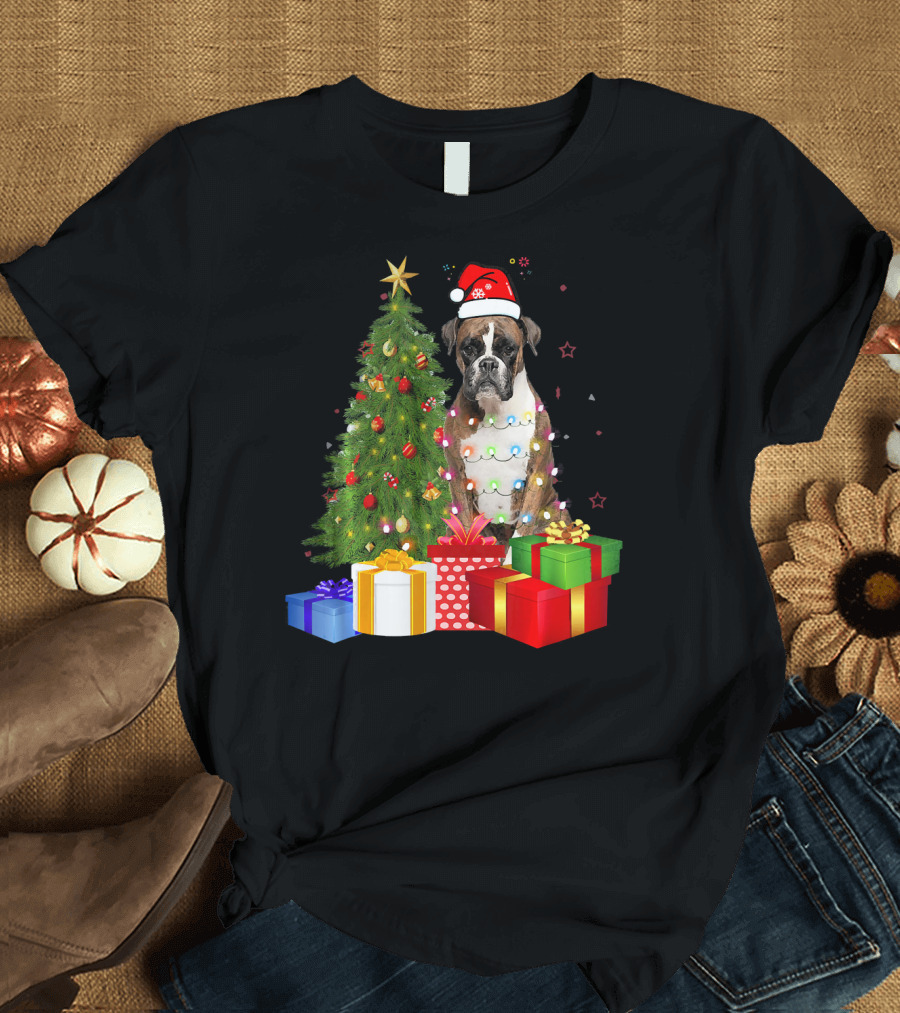 Santa Boxer Dog Christmas Tree Lights Presents T-Shirt