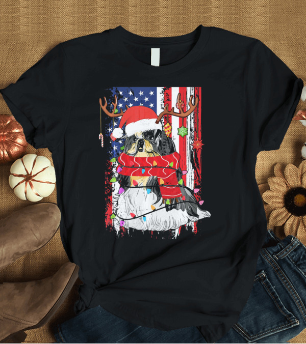 T-Shirt: Shih Tzu with Antlers and Santa Hat Christmas Lights USA Flag Background T-Shirt Shih Tzu with Antlers and Santa Hat Christmas Lights USA Flag Background T-Shirt