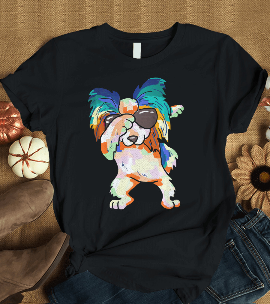 Dabbing Papillon Dog Colorful Sunglasses Pose T-Shirt