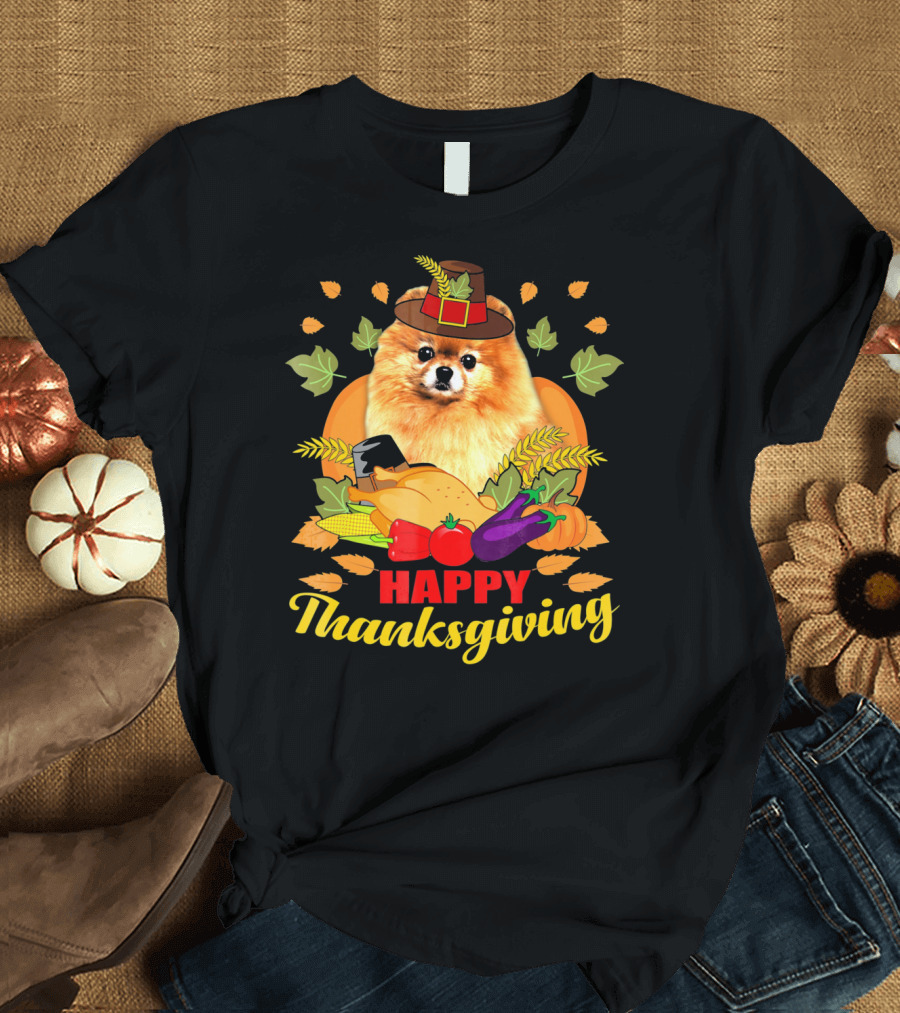 Happy Thanksgiving Pomeranian with Harvest Vegetables and Pilgrim Hat T-Shirt