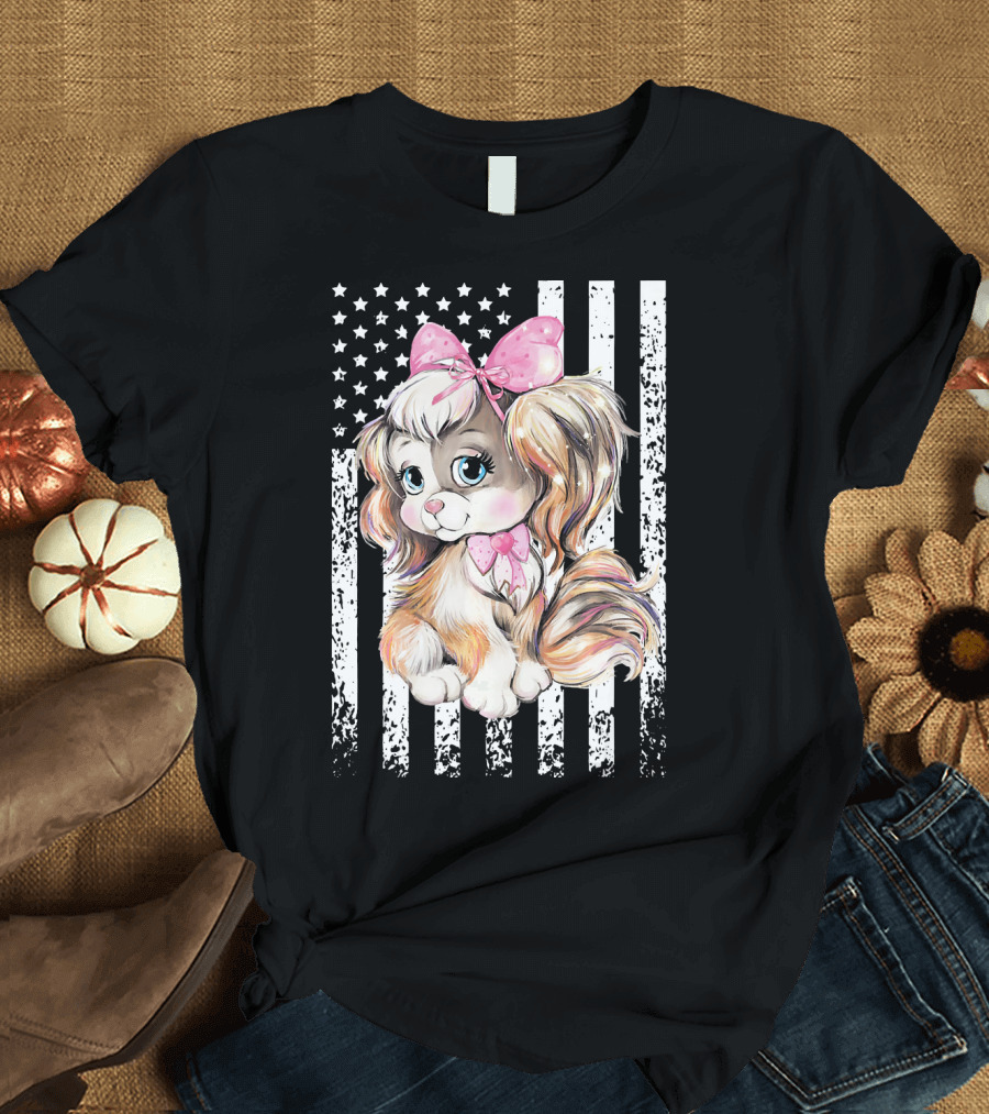 Vintage USA Cute Papillon Puppy with American Flag and Pink Bow T-Shirt