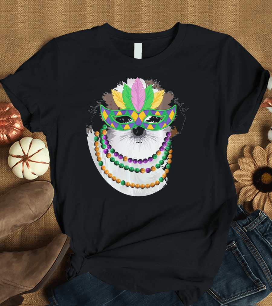 Funny Shih Tzu Wearing Colorful Mardi Gras Beads and Mask T-Shirt