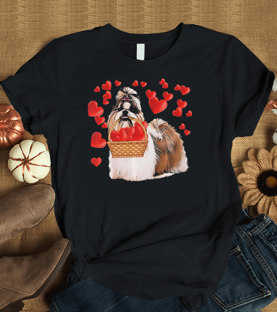 Shih Tzu Holding Heart Basket Surrounded by Red Hearts Valentines T-Shirt