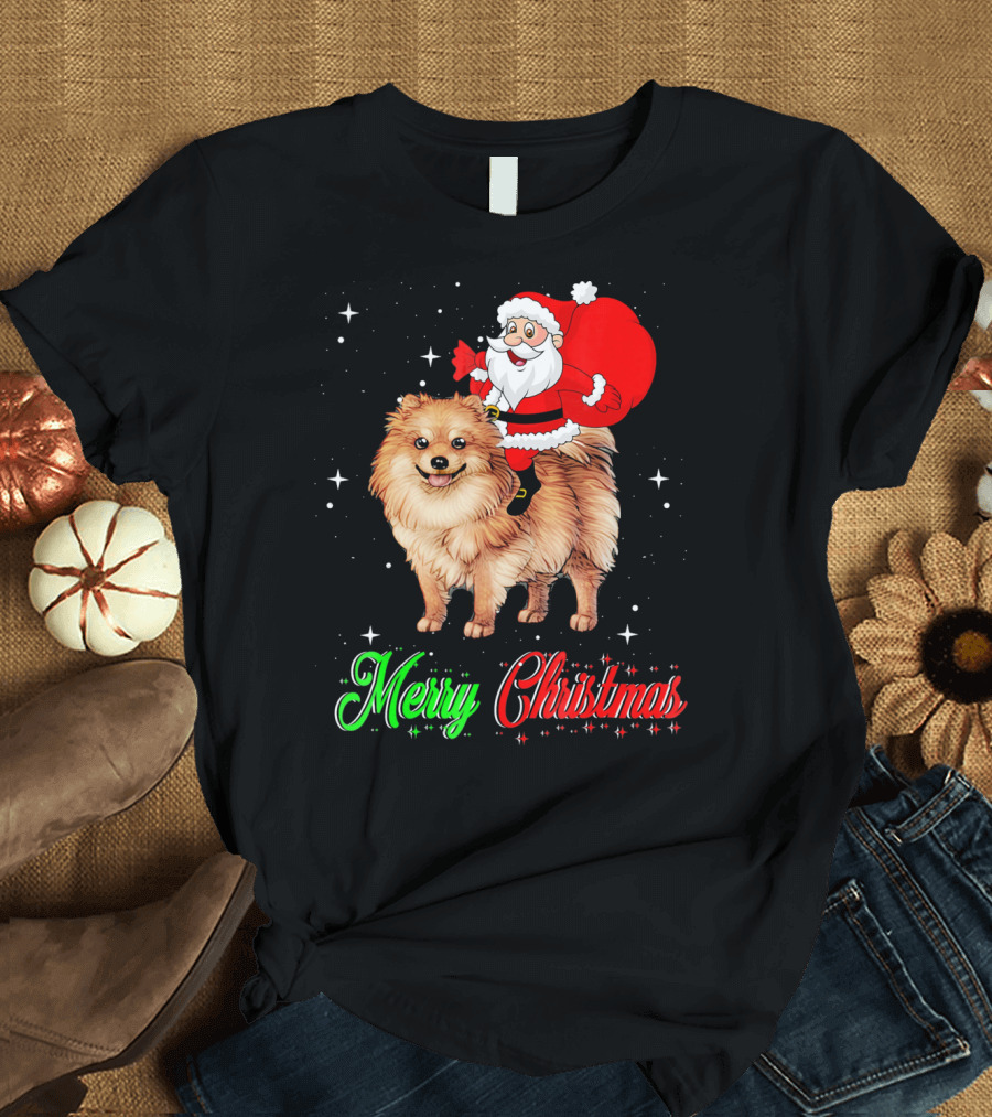Merry Christmas Santa Riding Pomeranian T-Shirt
