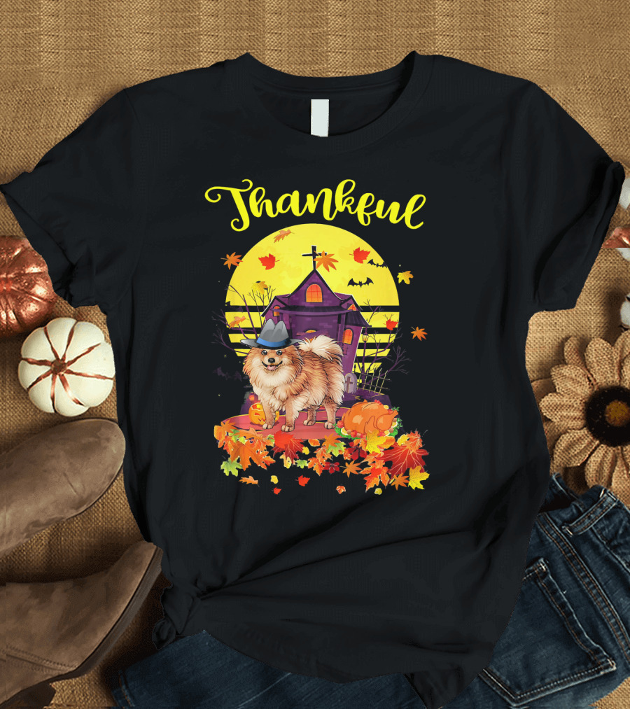 Thankful Pomeranian Dog Pilgrim Halloween Thanksgiving Fall Leaves House T-Shirt