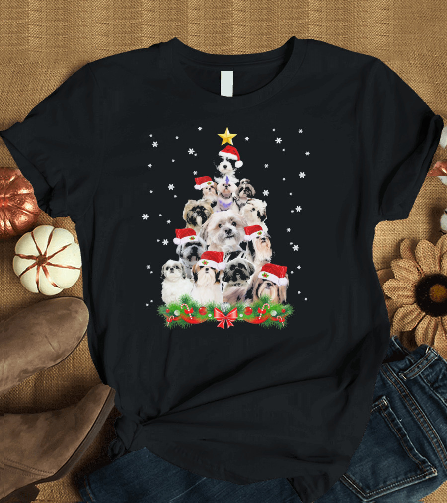 Shih Tzu Christmas Tree with Santa Hats and Snowflakes T-Shirt