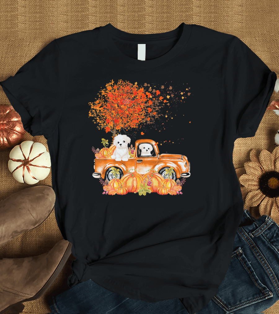 Maltese Dog Autumn Truck with Pumpkins and Leaves T-Shirt